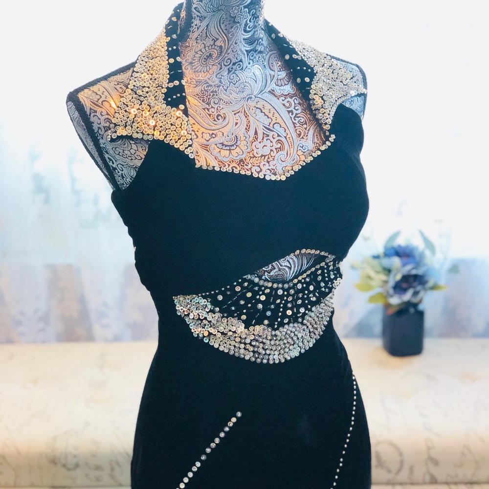 Vintage Black Velvet 1920s Style Sequined Gown